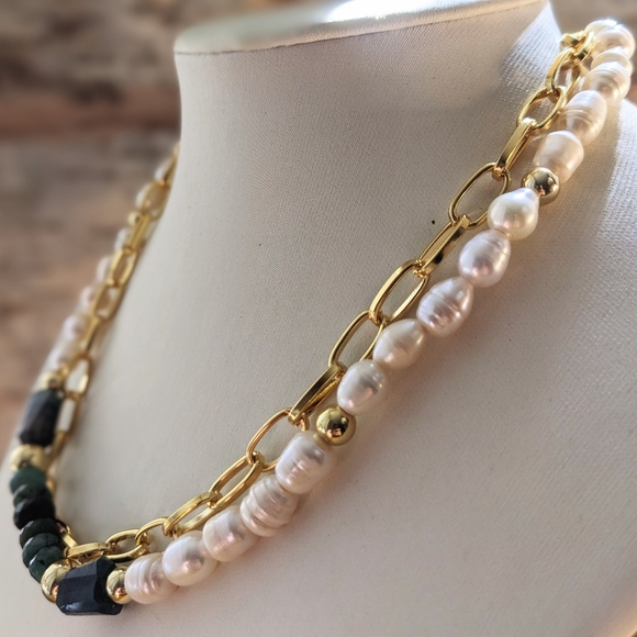 Natural Green Emerald & Freshwater Pearls In Paperclip Necklace And Bracelet - Picture 3 of 11